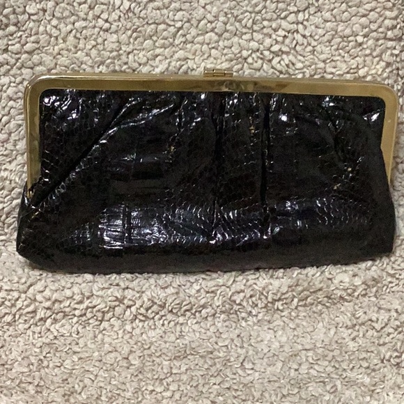 Vintage Black Snakeskin clutch Purse tan suede interior w/2 zipper pockets Clean - Picture 2 of 7